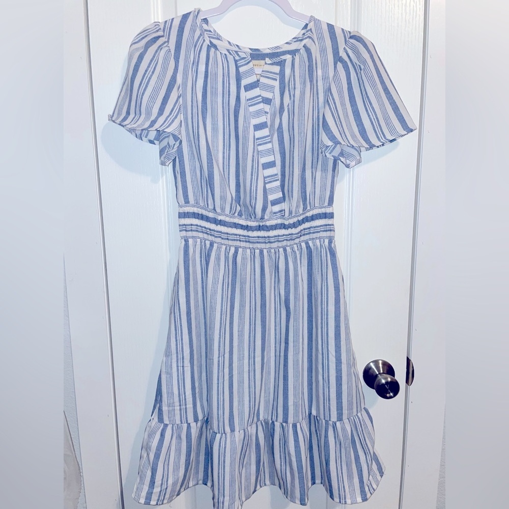 Striped baby blue and white mid length dress